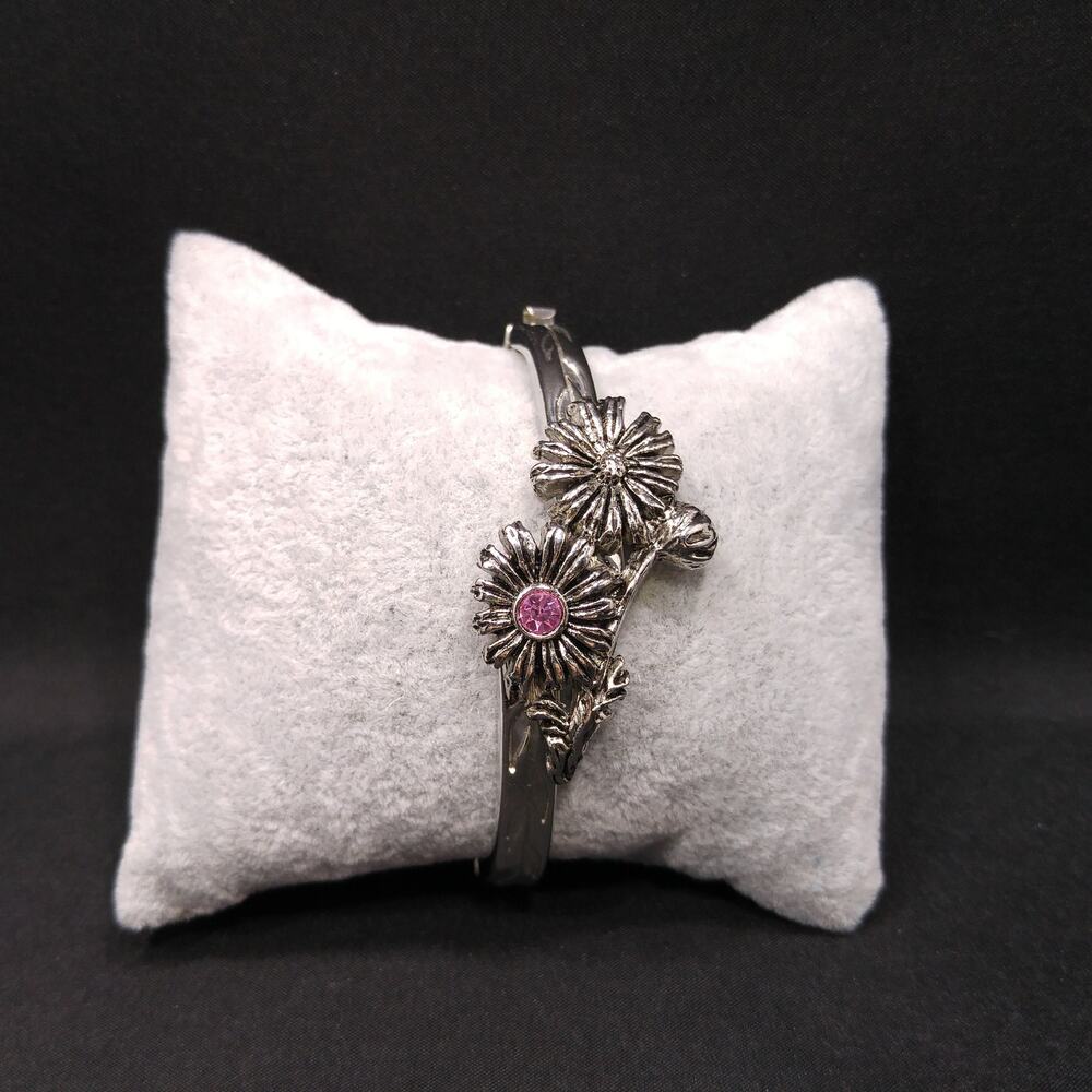 Lenox October Flower Bracelet Pink Rhinestone Silver Tone Hinged - Picture 9 of 10